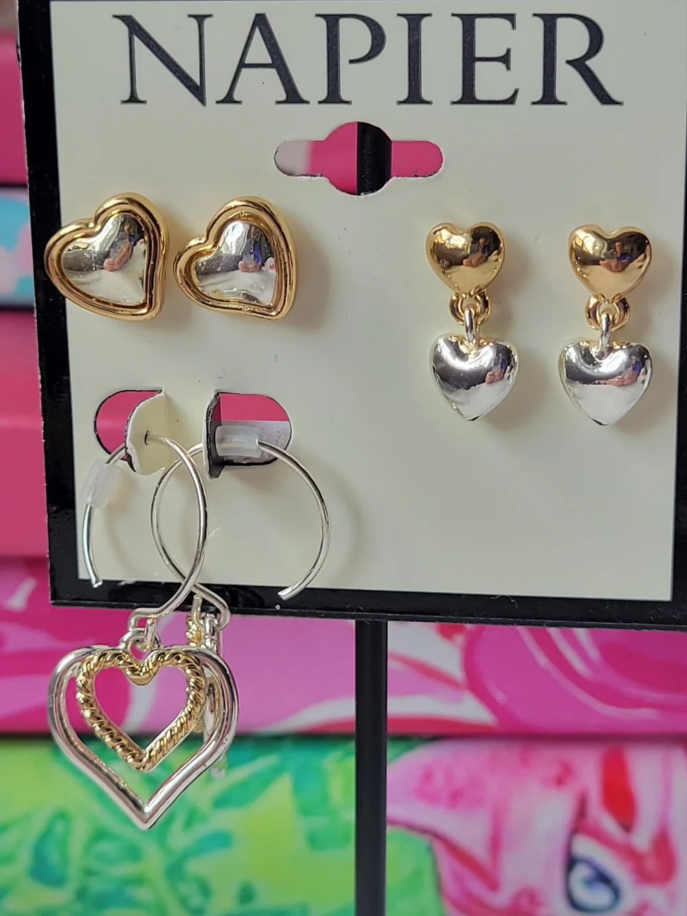 Napier Gold and Silver Heart Earring Trio - Picture 2 of 2